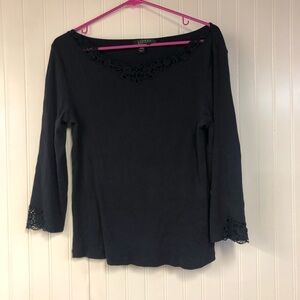 Ralph Lauren Navy Ribbed Lace Trim Women's 3/4 Sleeve Top Large